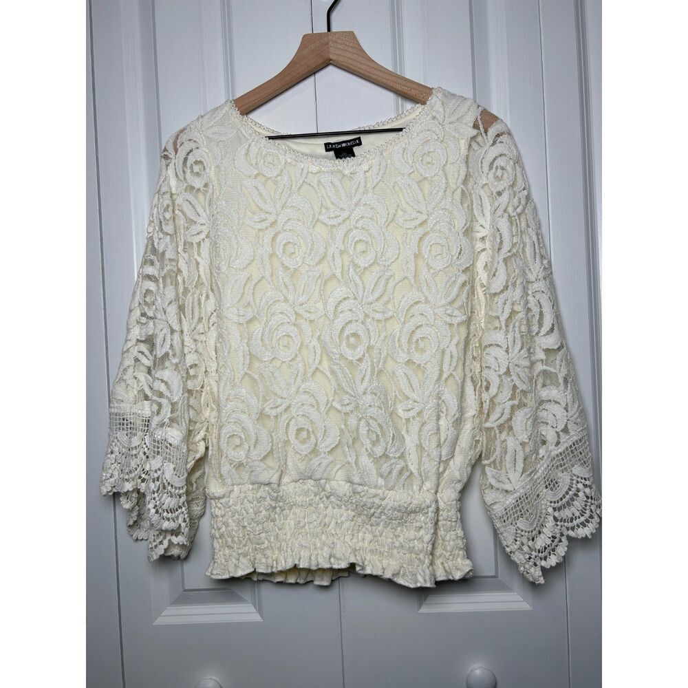 Lauren Michelle Cream Floral Lace Blouse Smocked Waist Top L